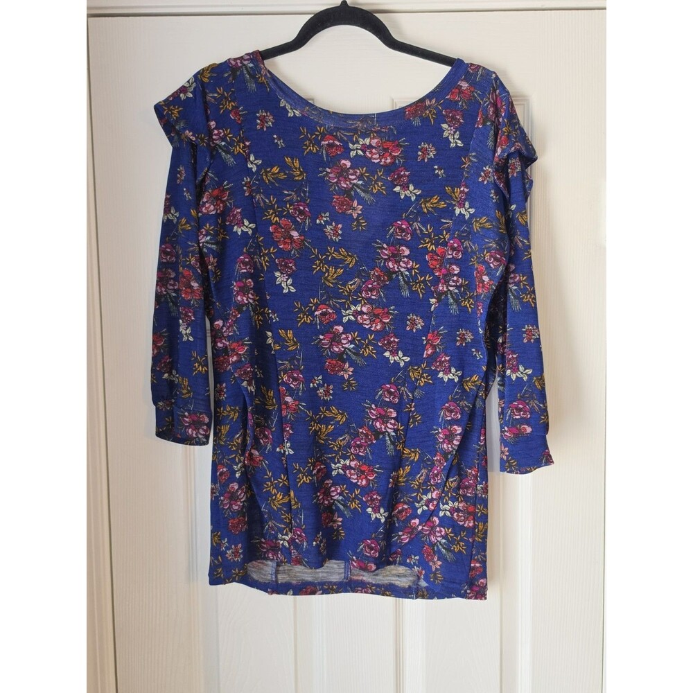 Free People Blue Floral Print Top Ruffles Keyhole Back Stretch Womens Size Large